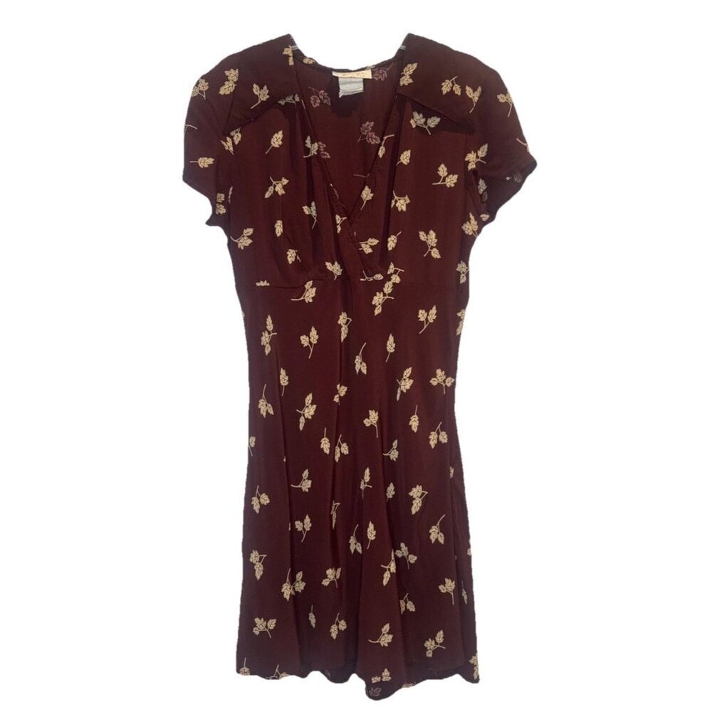 VTG Women’s Reza Burgundy w/ Leaf Print V‎ Neck Short Sleeve Mini Dress Sz 5